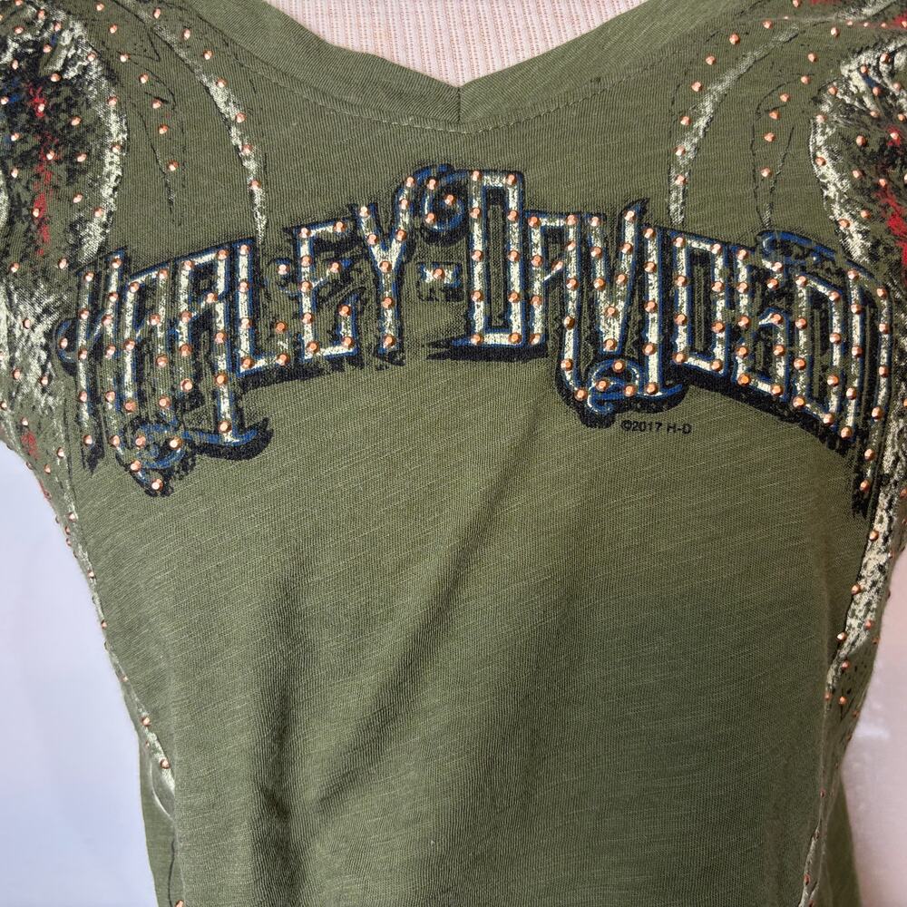 Harley Davidson Womens Shirt Olive Green Rhinestone Studded Wings M - Picture 4 of 7